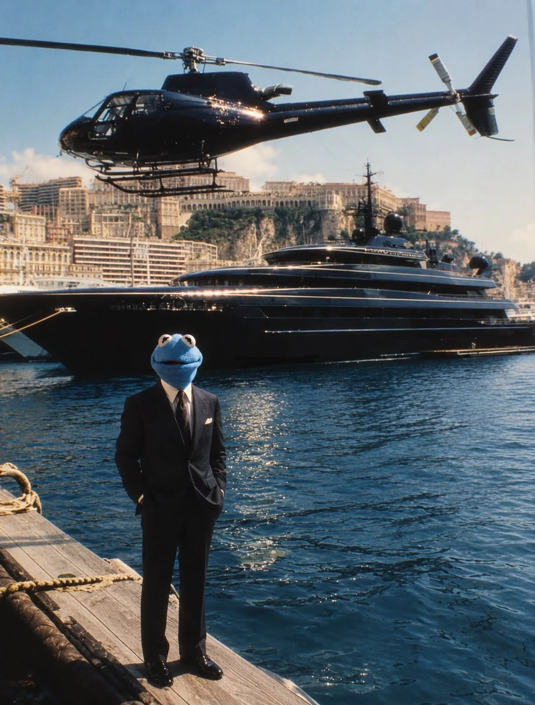 Froggin’s blue frog beside a yacht and helicopter at the waterfront