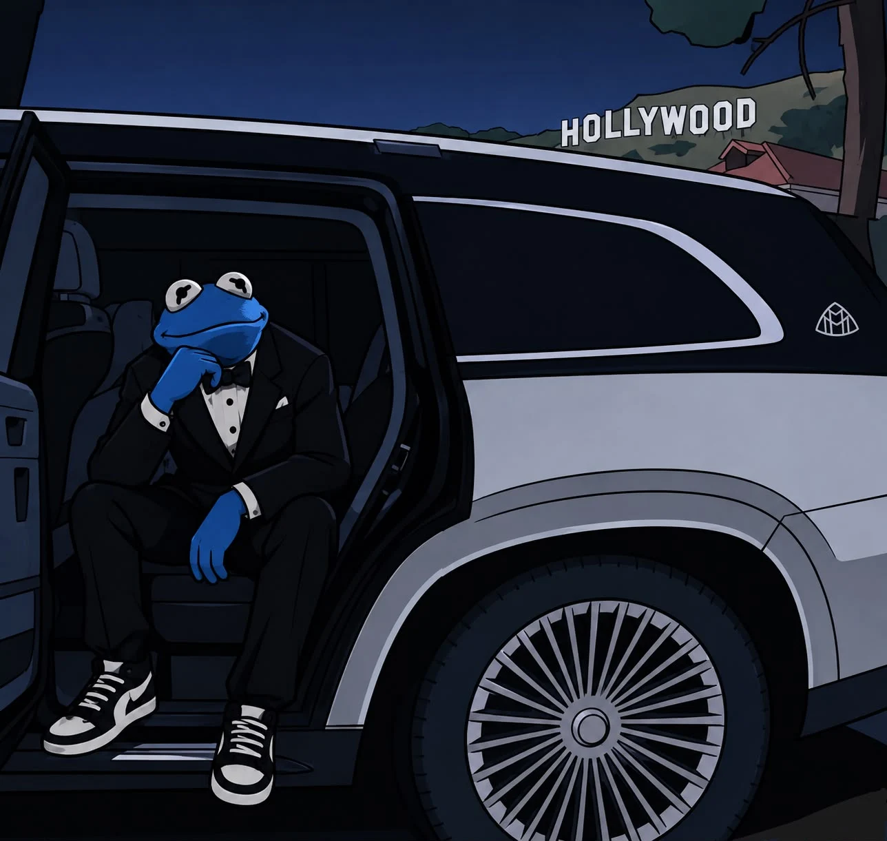 Froggin’s blue frog steps out of a luxury car in a tuxedo