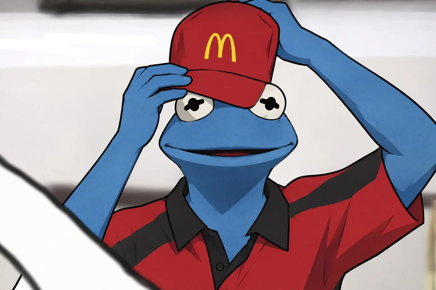 Froggin’s blue frog putting on a fast-food restaurant cap