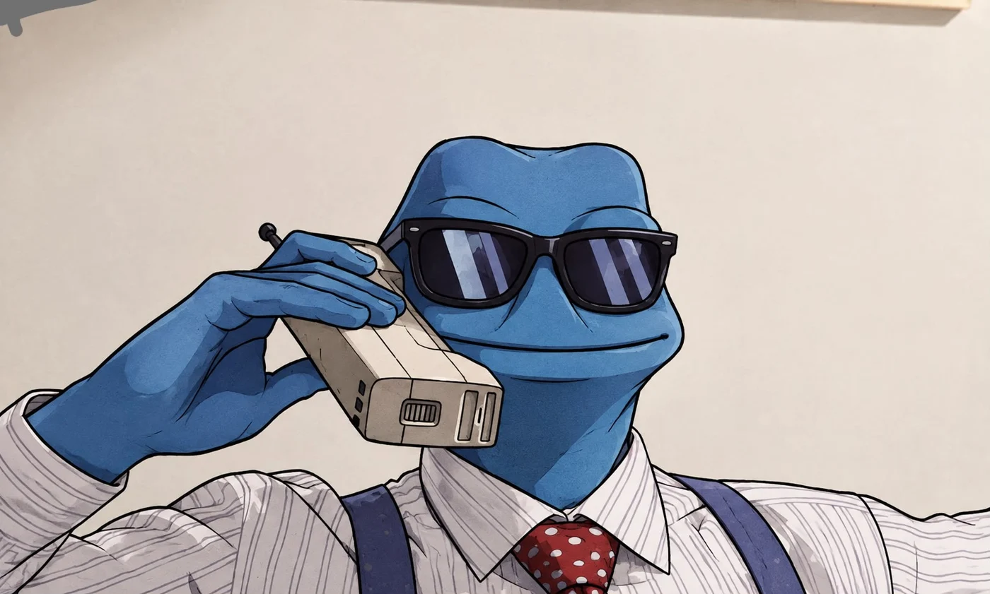 Froggin’s blue frog wearing sunglasses and taking a phone call