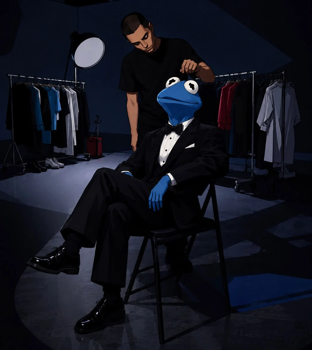 Froggin’s blue frog having his black tuxedo tailored