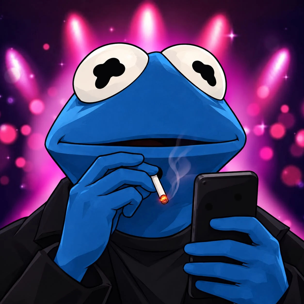 Froggin’s blue frog checking his phone beneath pink stage lights