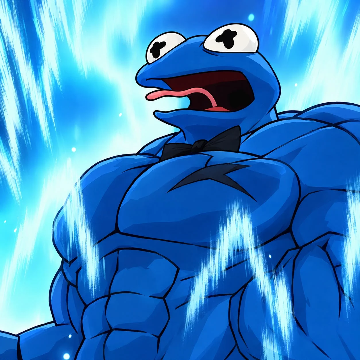 Froggin’s blue frog as an extraordinarily muscular superhero